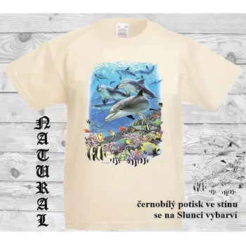 Chlapecké tričko detske-bavlnene_tricko_uv_potisk_hejno_delfini Barva: Natural - přírodní, velikost: 152