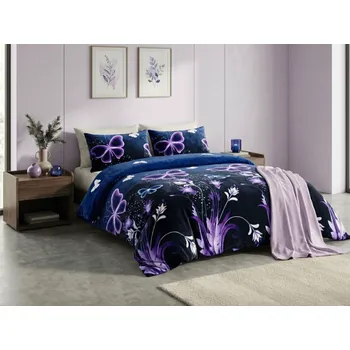 Povlečení Textilomanie Violet Butterfly tmavě modré 200 x 220, 2x 70 x 90 cm zipový uzávěr