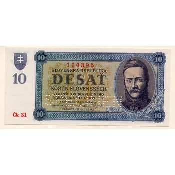 Sběratelství Slovenská republika 10 Korun 1943 S. Čk 31 Specimen dole