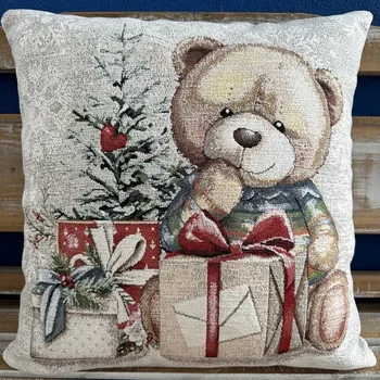 Povlak na polštářek Tegatex Gobelínový povlak na polštář chenille - medvěd s dárky