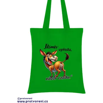 Taška s potiskem Textilní taška, ,,ÚSMĚV V PŘEDU, NÁZOR VZADU´´, 41x37cm, mix barev, 1 ks Vyberte si barvu ZDE:: zelená
