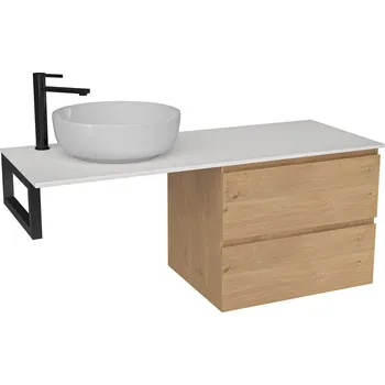 Koupelnový nábytek CERANO - Deska z litého mramoru Elanys - 140x46,5x1,2 cm - skříňka Carole 69 cm - dub medový - konzole černá