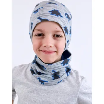 Čepice KocourMourek SET Čepice + Nákrčník DINOSAUŘI na šedé Velikost 48-50