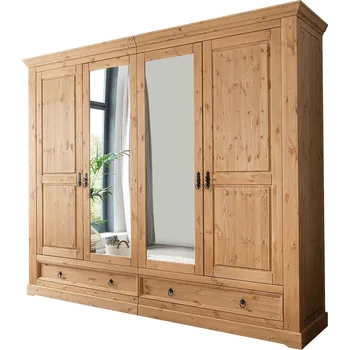 Šatní skříň Masivní zrcadlová šatní skříň Sallie 254 x 215 x 62 masiv borovice, sklo, kov