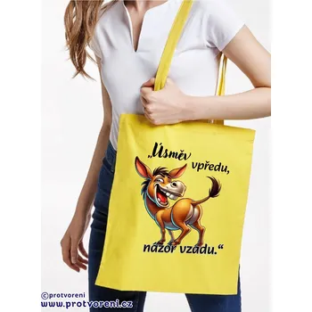 Taška s potiskem Textilní taška, ,,ÚSMĚV V PŘEDU, NÁZOR VZADU´´, 41x37cm, mix barev, 1 ks Vyberte si barvu ZDE:: žlutá