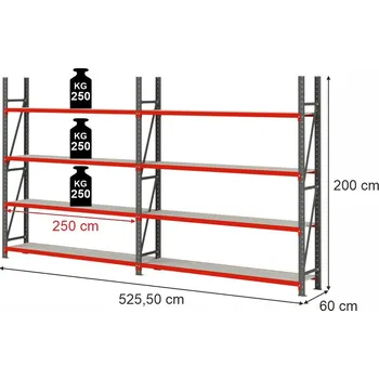 Dílenský regál Skladový regál FORTIS, 8policový, výška 200 cm, délka 525,5 cm, hloubka 60 cm