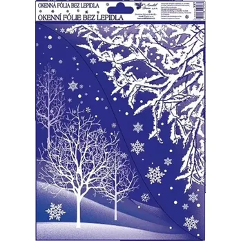Vánoční dekorace Anděl Okenní fólie rohová zimní krajina zmrzlé větvičky 38 x 30 cm