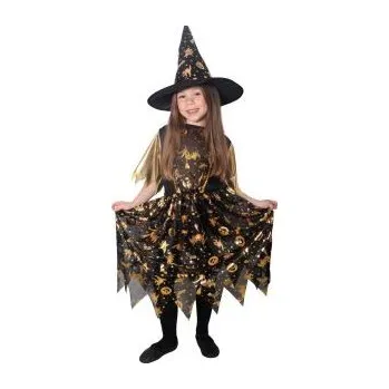 Karnevalový kostým Dětský kostým čarodějnice černo-zlatá s kloboukem - Halloween - vel. S