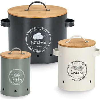 Dóza na potraviny Zeller Present 2. jakost - Sada 3 plechových dóz na cibuli, česnek a brambory s bambusovým víčkem FARM