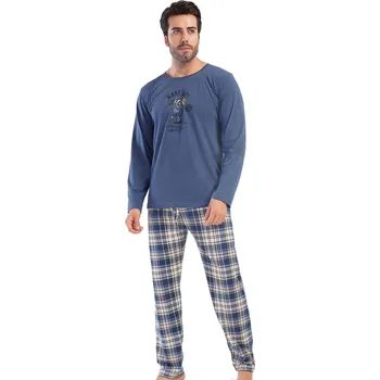 Modré a šedě i žlutě kárované pyžamo pro muže WAKE UP! muzika je můj život 1P1886 modrá 3xl