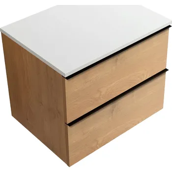 Koupelnový nábytek CERANO - Koupelnová skříňka pod umyvadlo Velora s úchytkou/deskou z litého mramoru Elanys - 12 mm - dub medový, černá úchytka - 59x53x46 cm