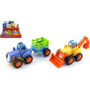 Hračka Teddies Traktor s vlekem/Buldozer plast 16cm pro nejmenší na setrvačník 6ks v boxu 18m+