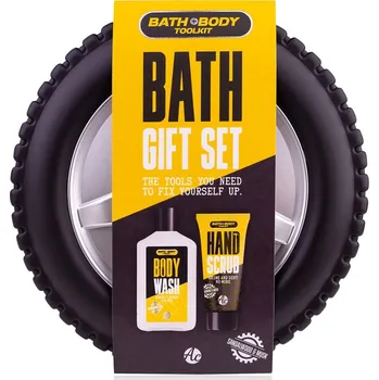Sprchový gel Body Toolkit koupelový set s vůní santalové dřevo a pižmo v pouzdře ve tvaru pneumatiky - sprchový gel 160 ml, peeling na ruce 60 ml