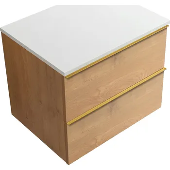 Koupelnový nábytek CERANO - Koupelnová skříňka pod umyvadlo Velora s úchytkou/deskou z litého mramoru Elanys - 12 mm - dub medový, zlatá úchytka - 59x53x46 cm