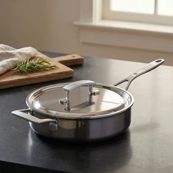 Pánev DEMEYERE INDUSTRY 5 24 cm - soté pánev s poklicí a dvěma uchy z 5vrstvé nerezové oceli na indukci