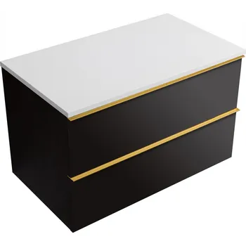 Koupelnový nábytek CERANO - Koupelnová skříňka pod umyvadlo Velora s úchytkou/deskou z litého mramoru Elanys - 12 mm - černá matná, zlatá úchytka - 79x53x46 cm