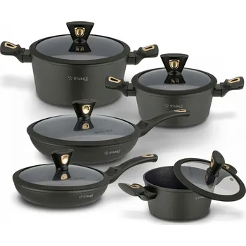 Sada nádobí Sada 3 mramorových hrnců s poklicemi a 2 nepřilnavých pánví STARKE PRO DARK GOLD