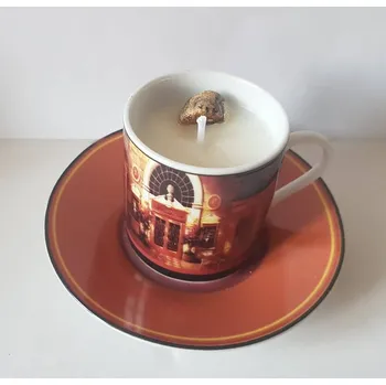 Svíčka Sójová svíčka hnědý šálek s potiskem a podšálkem , Vůně růže