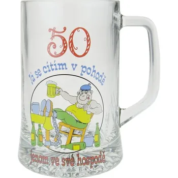 Sklenice Půllitr "50 Já se cítím v pohodě, jenom ve své hospodě..." (Skleněný krýgl s číslem a obrázkem)