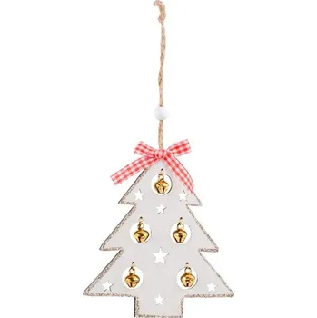 Vánoční dekorace Závěs dřevo 105x115mm stromeček s rolničkami, bílá s glitrem, zlatá