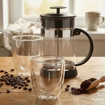 Příprava kávy French press / skleněný pístový kávovar s termosklenicemi ANDREA 0,8 l