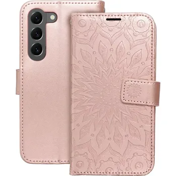 Pouzdro na mobilní telefon MEZZO Book flip pouzdro Samsung S23 - mandala rose gold (Flipové pouzdro MEZZO Book pro Samsung Galaxy S23 - mandala rose gold z eko kůže s lisovaným vzorem, poutkem a magnetickým zavíráním)