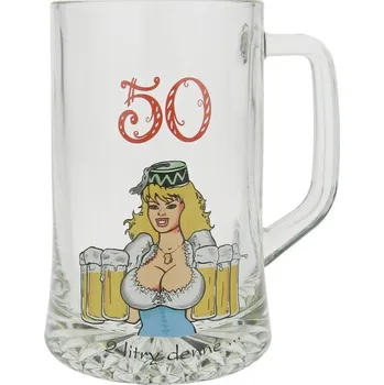 Sklenice Půllitr "50 Dva litry denně..." (Skleněný krýgl s číslem a obrázkem)