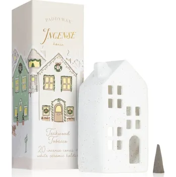 Aroma difuzér Paddywax Ceramic Village Teakwood Tobacco kadidlo 20 ks + White House Incense Holder