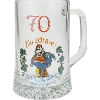 Sklenice Půllitr "70 Žiju zdravě, do hospody chodím zásadně pěšky" (Dárek k 70. narozeninám, krýgl s číslem)