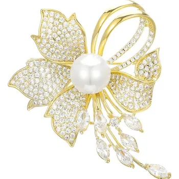 Brož Třpytivá květinová brož s umělou perlou Gold Troli