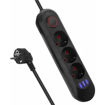 Napájecí kabel Napájecí lišta Maclean, 3zásuvkový prodlužovací kabel + 3xUSB, 110-240V AC 50/60Hz, 2,1A max. 2500W, 1,5 m, černá, MCE394 B