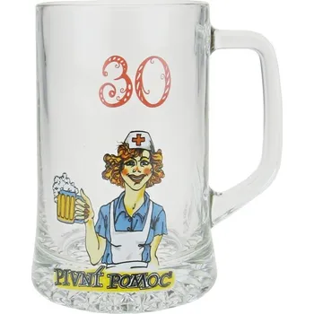 Sklenice Půllitr "30 Pivní pomoc" (Skleněný korbel s číslem a obrázkem)