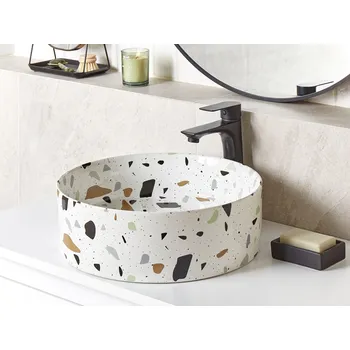 Umyvadlo Umyvadlo na desku z keramiky bílé terrazzo efekt ⌀ 40 cm kulatý tvar moderní styl koupelna Beliani