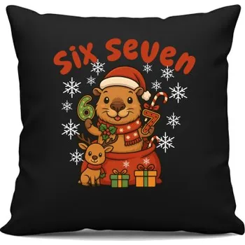 Žertovný předmět Six seven 67 - Italian Brainrot - Vánoční kapybara - černý polštář s potiskem- Tričkový.cz