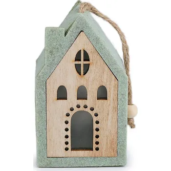 Vánoční svícen Filcový domeček svítící k zavěšení, střední, 2 zelená šalvěj světlá