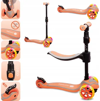 Koloběžka Odrážedlo, koloběžka a skateboard Flash 3v1 s LED koly - broskvová