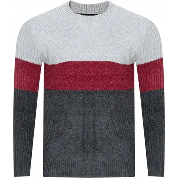 Pánský svetr PÁNSKÝ SVETR - S8668 SZARY-BORDO-CIEMNOSZARY teplý klasický žinylkový