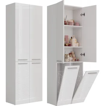 Komoda Koupelnový sloupek TopEshop bílý lesk, 4 dvířka, 3 police a koš na prádlo