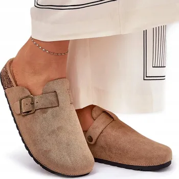 Dámské pantofle NAZOUVÁKY Dřeváky EKO semišové na korkové platformě s přezkou khaki 36