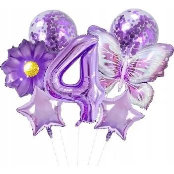 Balónek FIALOVÁ SADA BALÓNKŮ Motýl Hvězda ČÍSLICE 4 Narozeniny Hélium 7 ks