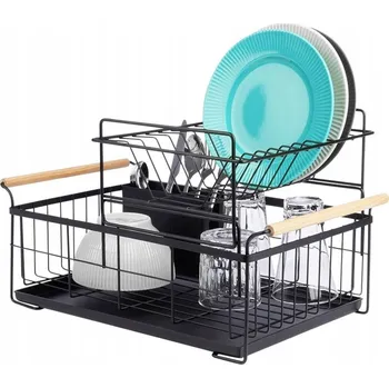 Organizace kuchyně Velký odkapávač na nádobí, 2patrový sušák na talíře, příbory, černý kov XXL