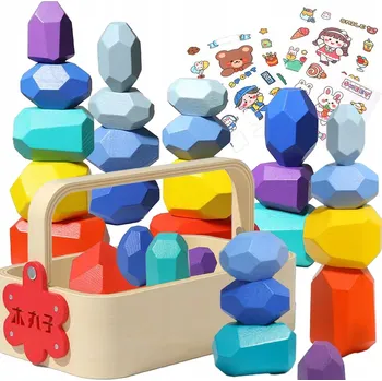 Dřevěná hračka DŘEVĚNÉ STAVEBNICE KAMENY BALANČNÍ MONTESSORI BALANC V KOŠÍKU SAMOLEPKY