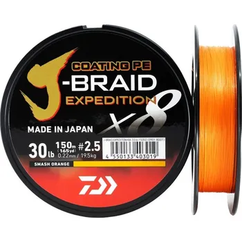 Daiwa Pletená Šnůra J-Braid Expedition X8E Oranžová 300m Nosnost: 12,3kg, Průměr: 0,18mm