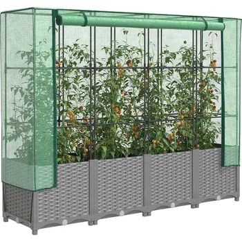 Vyvýšený záhon vidaXL Vyvýšený záhon s krytem na skleník, ratanový vzhled 160x40x138 cm [4015844] Barva: světle šedá