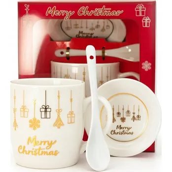 VÁNOČNÍ HRNEK - SADA V KRABIČCE S PODŠÁLKEM A LŽIČKOU 350 ML BÍLO-ZLATÝ