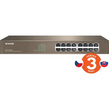 Switch Tenda TEG1016D - 16x Gigabit Switch, Fanless-bez ventilátorů, Rackmount, ochrana proti přepětí