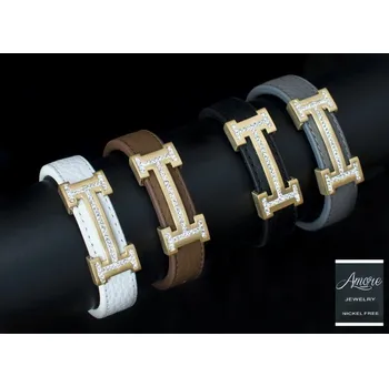 Náramek Dámský kožený náramek Amore KZ503 chirurgická ocel a zirkony Černá