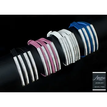 Náramek Dámský kožený náramek Amore KZ501 chirurgická ocel a zirkony trojřadý Černá