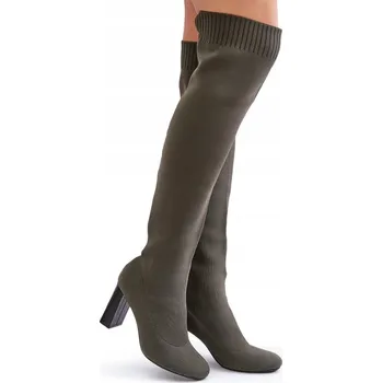 Dámská obuv KOZAČKY PONOŽKOVÉ SVRŠEK ZA KOLENO PODPATEK SLOUPEK TMAVĚ ZELENÉ 40