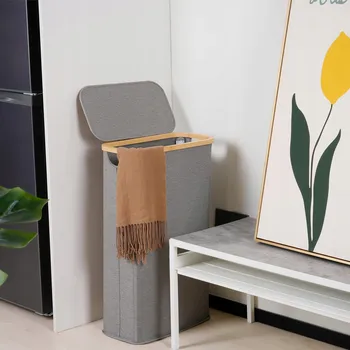 Koš na prádlo EFLUKY Koš na prádlo 63L Šedý Skládací s víkem a bambusovými úchyty